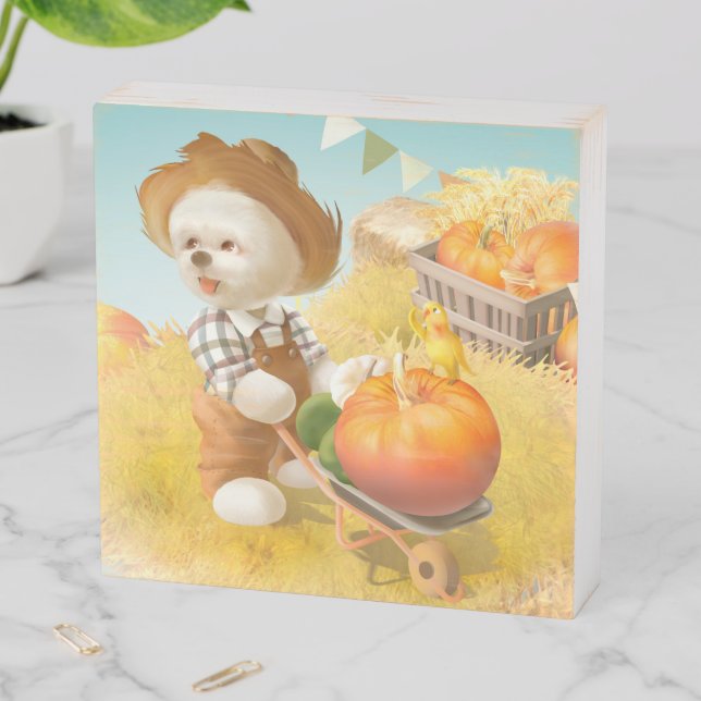 Smile Pup: Harvest Joy & Pumpkin Wheelbarrow Wooden Box Sign (In Situ Horizontal)