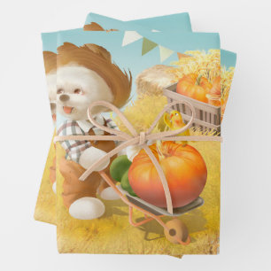 Smile Pup: Harvest Joy & Pumpkin Wheelbarrow Wrapping Paper Sheets
