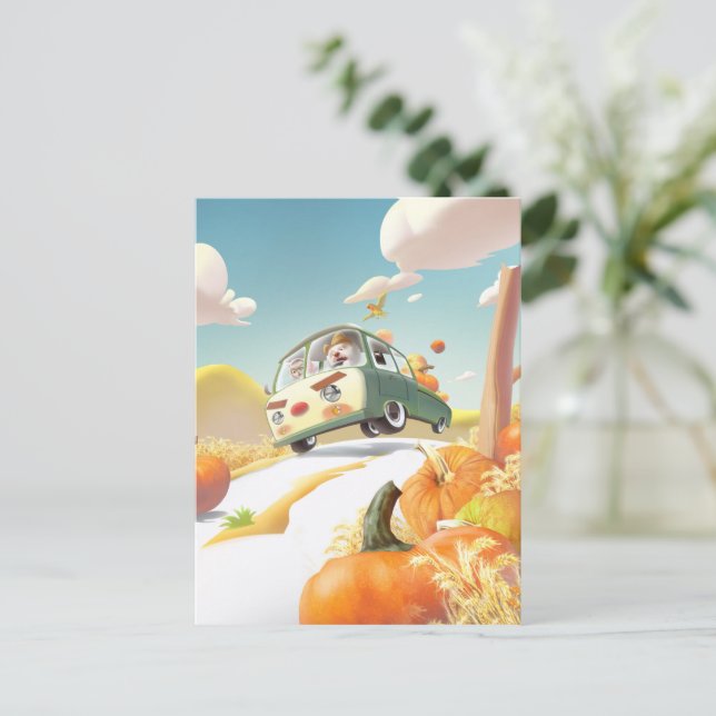 Smile Pup & Miss Meow: Pumpkin Harvest Trip Announcement Postcard (Standing Front)