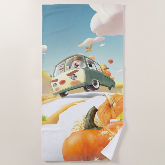 Smile Pup & Miss Meow: Pumpkin Harvest Trip Beach Towel (Front)