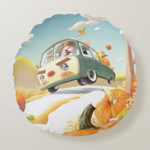 Smile Pup & Miss Meow: Pumpkin Harvest Trip Round Pillow