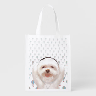 Smile Pup: Music Vibes Smiling Bichon Art Grocery Bag