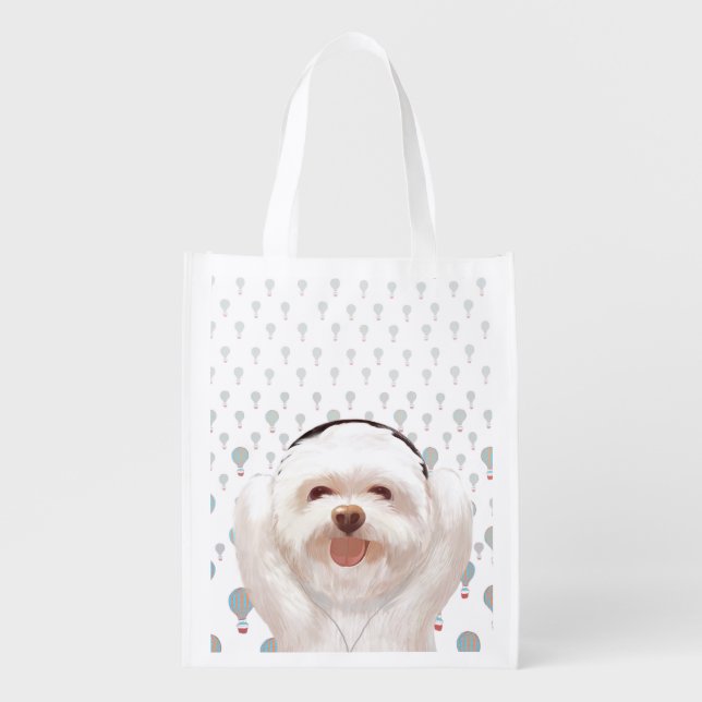 Smile Pup: Music Vibes Smiling Bichon Art Grocery Bag (Front)