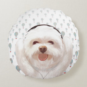 Smile Pup: Music Vibes Smiling Bichon Art Round Pillow