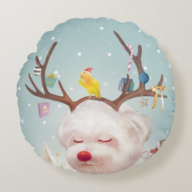 Smile Pup: Reindeer Antlers Christmas Bichon Round Pillow (Front)