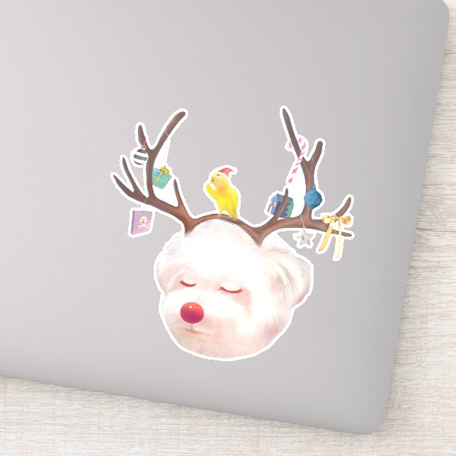 Smile Pup: Reindeer Antlers Christmas Bichon Sticker (Detail)