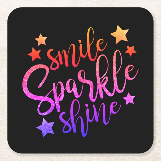 Smile Sparkle Shine Black Inspirational Quote Square Paper Coaster (Front)