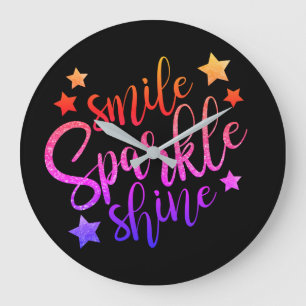 Smile Sparkle Shine Black Multi Coloured Quote Large Clock