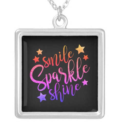 Smile Sparkle Shine Black Multi Coloured Quote Silver Plated Necklace