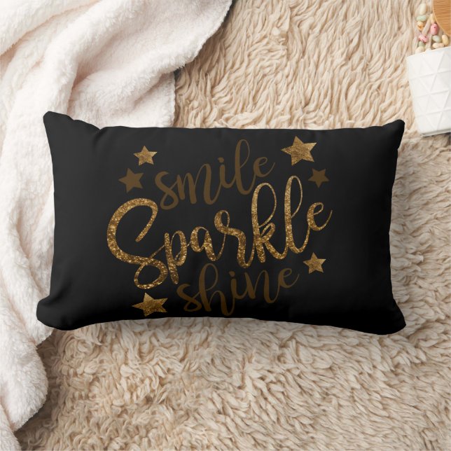 Smile Sparkle Shine Gold Glitter Lumbar Pillow (Blanket)