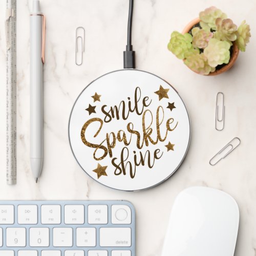 Smile Sparkle Shine Gold Glitter Wireless Charger