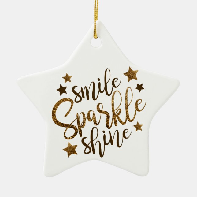 Smile Sparkle Shine, stars gold lettering ornament (Front)