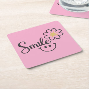 Smile Sunflower Line Art Pink Square Coaster