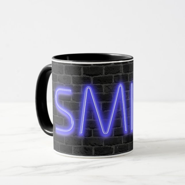 SMILE text in neon lighting on brick Mug (Front Left)