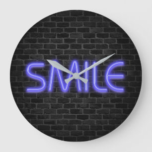 SMILE text in neon lights on brick Large Clock