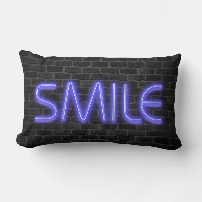 SMILE text in neon lights on brick Lumbar Pillow (Front)
