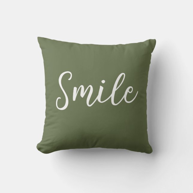 Smile Throw Pillow Olive Green White (Front)