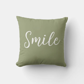 Smile Throw Pillow Sage Green White