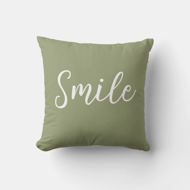 Smile Throw Pillow Sage Green White (Front)