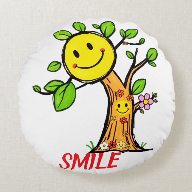 "Smile Tree" Positive Vibes  Round Pillow (Front)