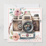 Smile | Vintage Camera  Birthday Photo Card<br><div class="desc">This fun birthday card features a whimsical vintage camera with a place for you to insert a photo in the center of the lens. The back of the card features another camera with cupcakes and a greeting that says "wishing you a picture perfect birthday."</div>