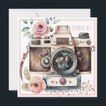 Smile | Vintage Camera  Birthday Photo Card<br><div class="desc">This fun birthday card features a whimsical vintage camera with a place for you to insert a photo in the center of the lens. The back of the card features another camera with cupcakes and a greeting that says "wishing you a picture perfect birthday."</div>