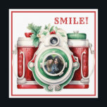 Smile | Vintage Camera  Christmas Photo Card<br><div class="desc">This fun Christmas card features a whimsical vintage camera with a place for you to insert a photo in the center of the lens. The back of the card features another camera with holiday foliage and a greeting that says "wishing you a picture perfect Christmas." Text on the back can...</div>