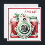 Smile | Vintage Camera  Christmas Photo Card<br><div class="desc">This fun Christmas card features a whimsical vintage camera with a place for you to insert a photo in the center of the lens. The back of the card features another camera with holiday foliage and a greeting that says "wishing you a picture perfect Christmas." Text on the back can...</div>