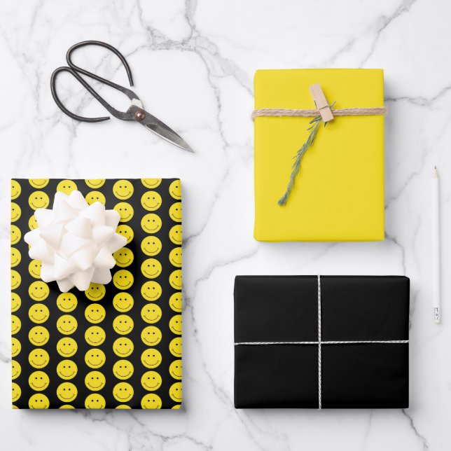 Smile Yellow Black Grinning Face Wrapping Paper Sheets (Front)