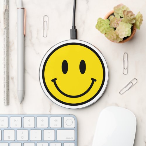 Smile Yellow Black White Happy Face Emoji Fun Wireless Charger