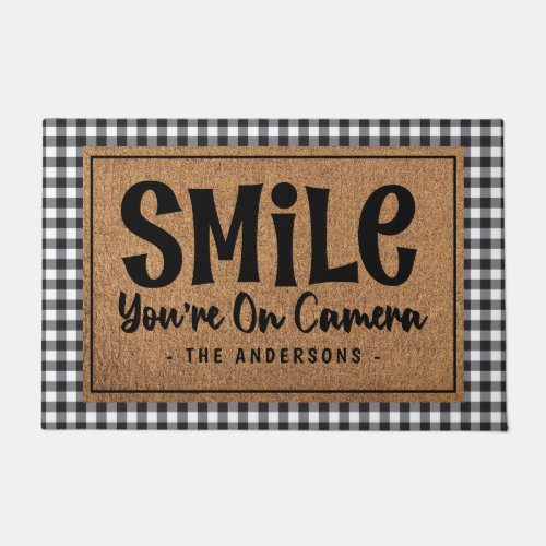 Smile Youre on Camera Funny Farmhouse Plaid Doormat