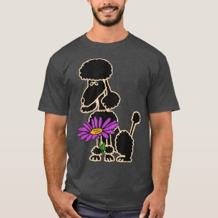 Smilemoretees Black Poodle Dog with Purple Daisy T-Shirt