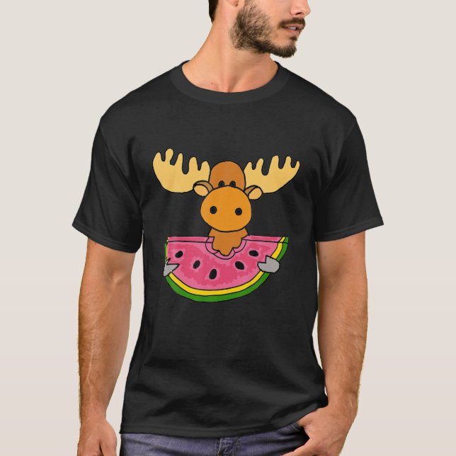 Smilenows Funny Moose Eating Watermelon Cartoon T-Shirt (Front)