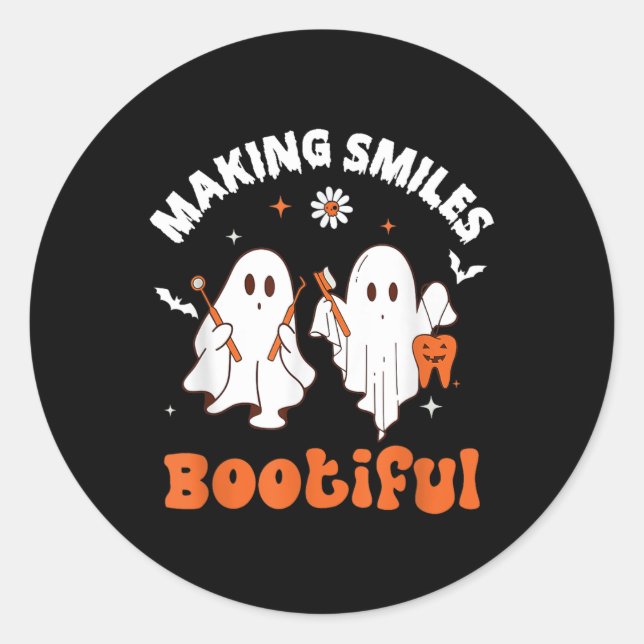 Smiles Bootiful Funny Ghost Dentist Halloween Dent Classic Round Sticker (Front)