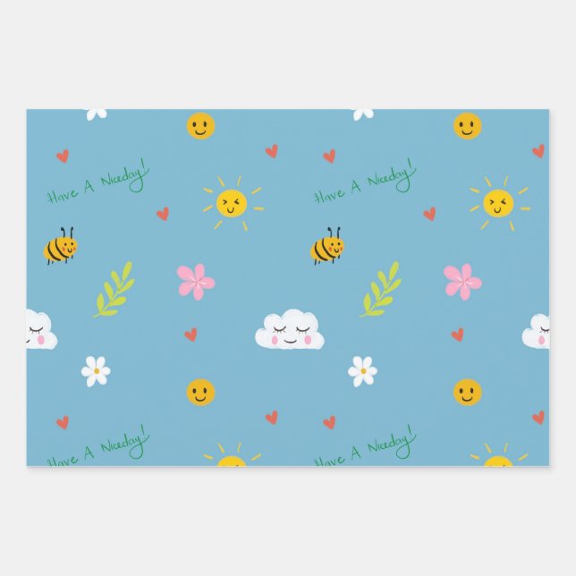 Smiley Clouds, Bees, and Flowers Seamless Pattern Wrapping Paper Sheets (Front)