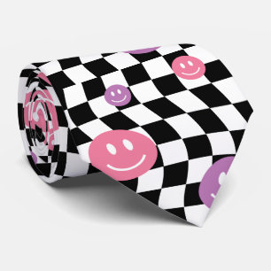 Smiley Groovy Retro Checkerboard, Y2K 90s Neck Tie