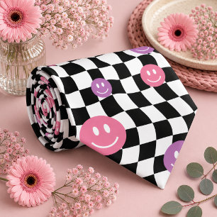 Smiley Groovy Retro Checkerboard, Y2K 90s Neck Tie
