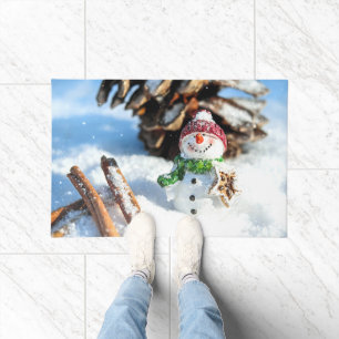 Smiley Little Snowman In Red Hat Doormat