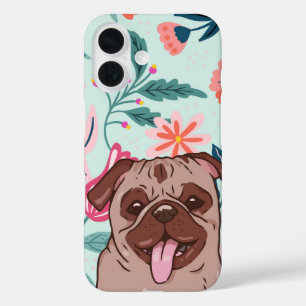 Smiley Pug & Blossoms Cute Mint Floral Dog iPhone 16 Case