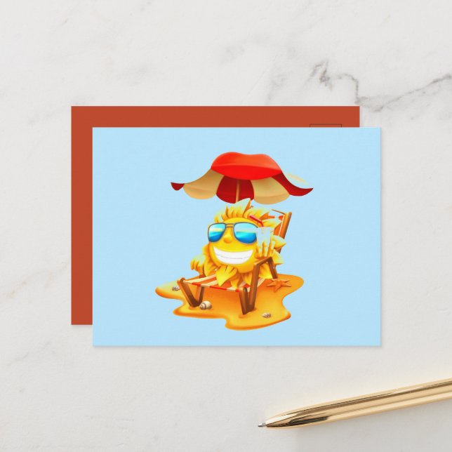 Smiley Sun Lounging On Beach Chair Postcard (Front/Back In Situ)