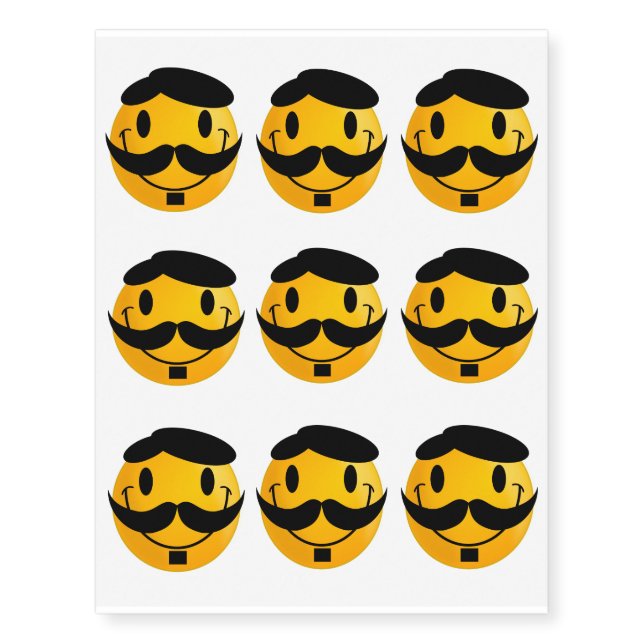 Smiley with moustache cartoon temporary tattoos (Front)