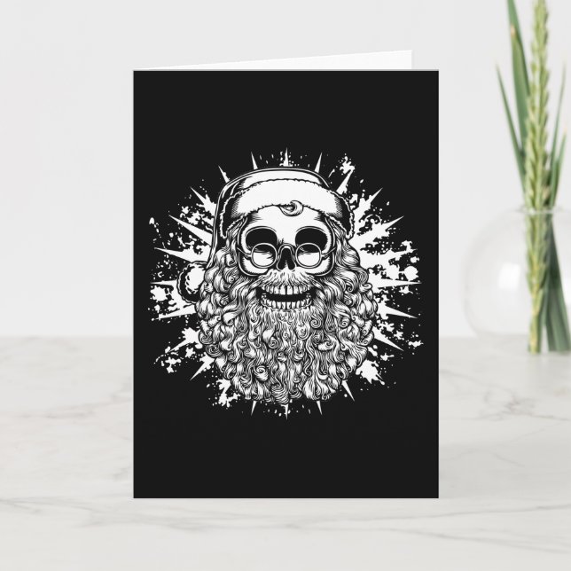 Smilin' Santa Skull -bw Holiday Card (Front)
