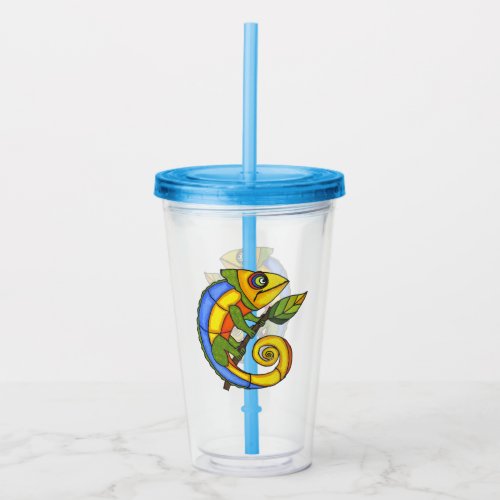 Smiling Abstract Brightly Colored Lizard With Leaf Acrylic Tumbler