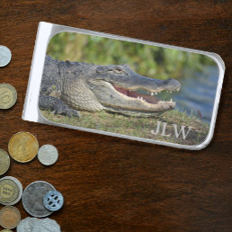Smiling Alligator Wildlife with Initials Silver Finish Money Clip