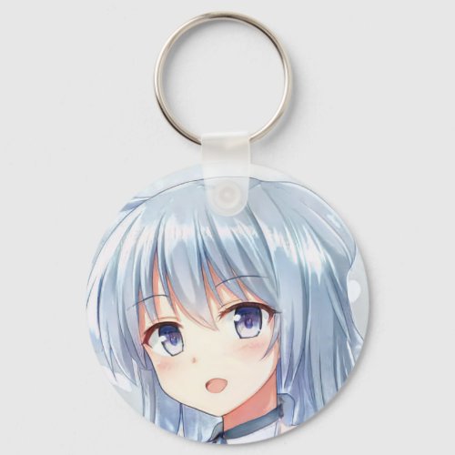 Smiling anime girl gray hair lavender eyes manga  keychain