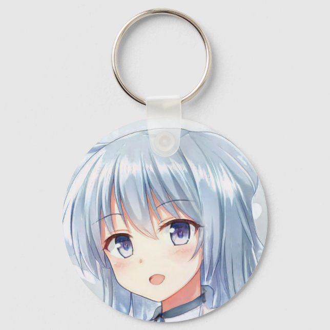 Smiling anime girl gray hair lavender eyes manga  keychain (Front)