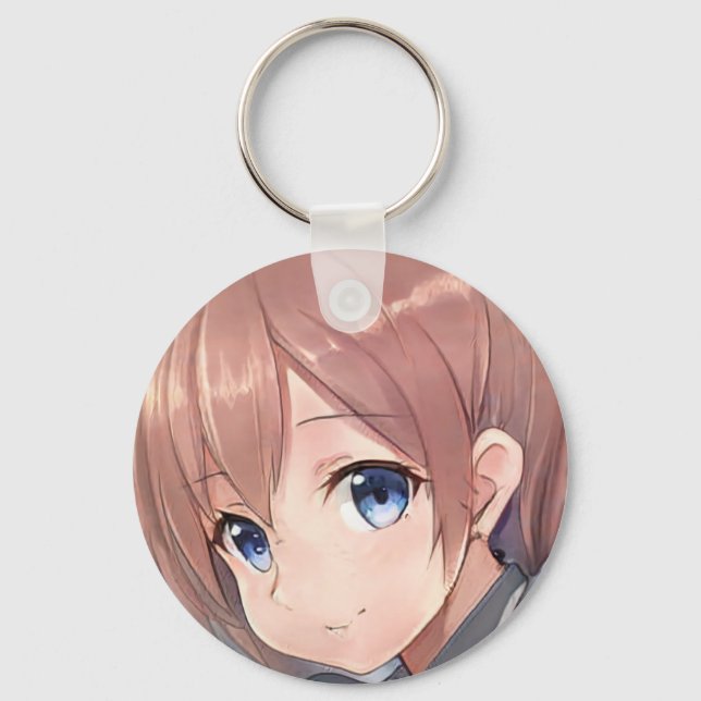 Smiling anime girl manga brown haired blue eyed keychain (Front)
