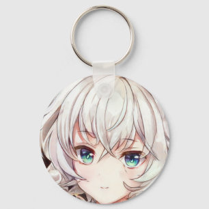 Smiling anime girl manga silver haired green eyed  keychain