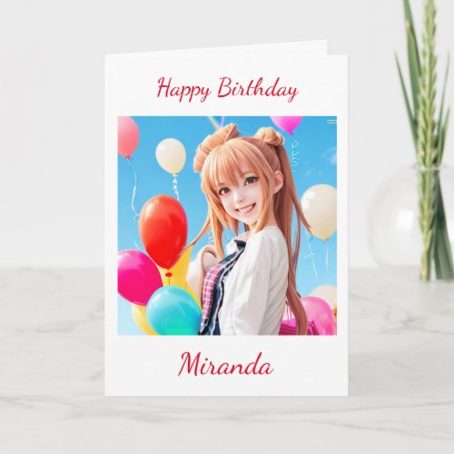 Smiling Anime Girl with Balloons Birthday Card