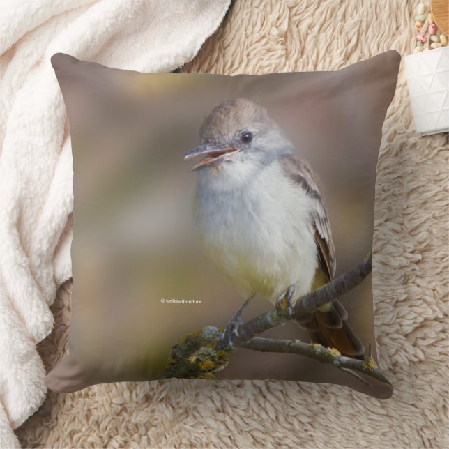 Smiling Ash-Throated Flycatcher on Hawthorn Branch Throw Pillow (Blanket)